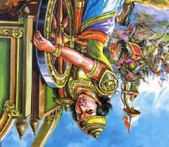 Krishna pressed the chariot down so the astra just took off Arjuna s crown and saved him. After sometime, Karna s one of the chariot s wheels broke down.