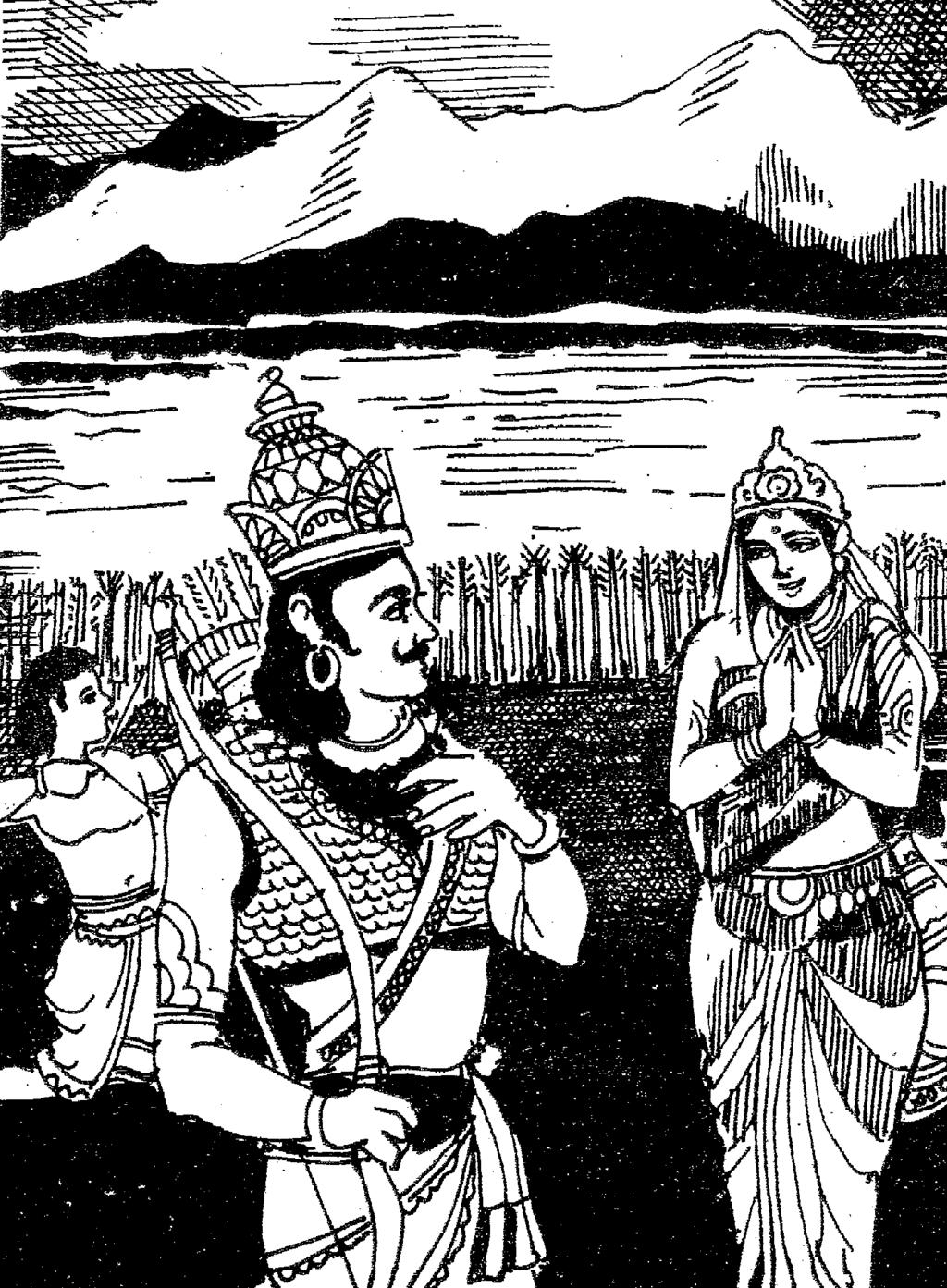Queen Ganga turned around and said, "Oh King, you have violated your pledge. I will not stay with you any longer. I am Ganga, the goddess of heaven.