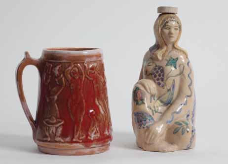 219 218 219. Beer Jug Irene and Azriel Awret Safed Beer jug, decorated with dancing figures. Produced by Irene and Azriel Awret. Safed [1950s]. Painted glazed clay. Stamped; Awret Safed.
