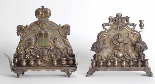 Polish style, lions grasping Tablets of Law, Torah crown and floral decorations. Height: 25cm. Missing oil-font. Opening Price: $300 95.