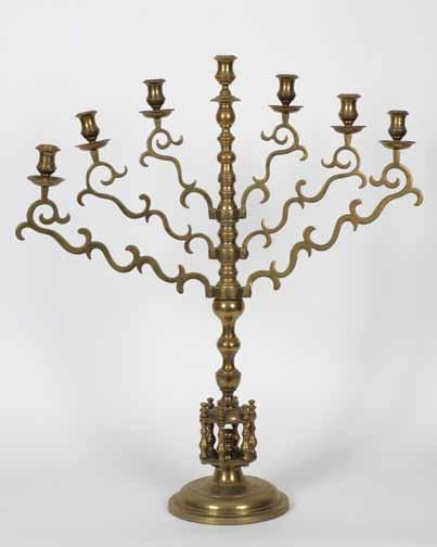 119 119. Shabbat Candlesticks Three and Five Branches Poland and the USA 1. Shabbat candlestick, for five candles. Cast and engraved brass. Poland, [late 19th - early 20