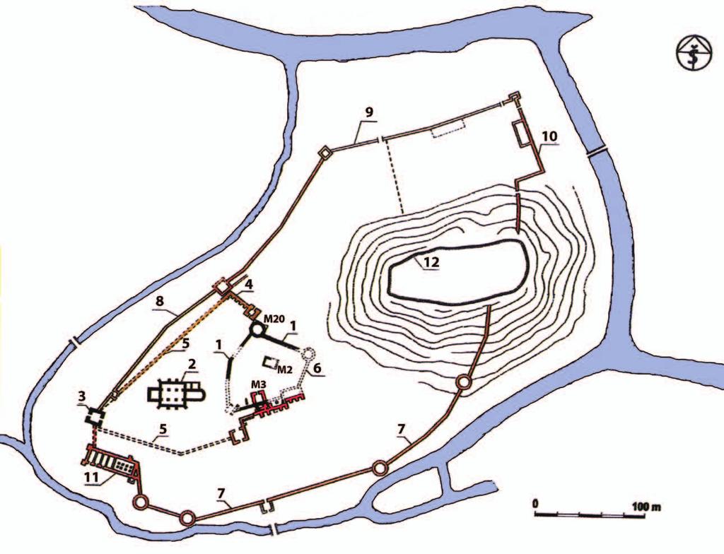 5 pav. Vilniaus pilių statinių XIII a. antrojoje pusėje XIV a. pirmojoje pusėje planas pagal N. Kitkauską: I etapas pažymėtas juodai; II etapas raudonai; III etapas rausvai.