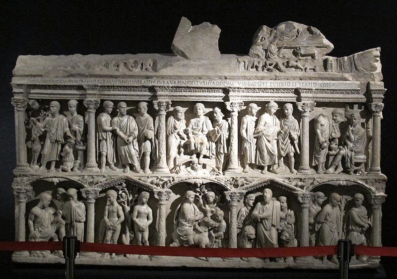 Roman catacombs illustrate early Christian iconography. This sarcophagus is the earliest one of its type. These would be standard images Christians use in later works of art.
