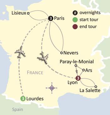 Tour 20 Great Shrines of France 11 days Lourdes, Paris, Lisieux, Nevers, Paray-le-Monial, Ars, Lyon, La Salette Sample Day-by-Day Itinerary: Day 1, Depart USA Make your way to your hometown airport
