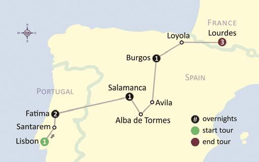 Tour 37 Fatima, Spain & Lourdes 10 days Lisbon, Santarem, Fatima, Salamanca, Alba de Tormes, Burgos, Loyola & Lourdes Sample Day-by-Day Itinerary: Day 1, Depart USA Make your way to your hometown