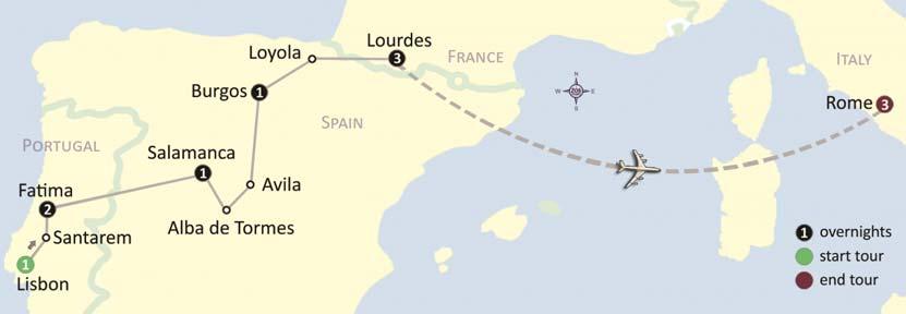 Tour 47 Fatima, Spain, Lourdes & Rome 13 days Lisbon, Santarem, Fatima, Salamanca, Alba de Tormes, Burgos, Loyola, Lourdes & Rome # Sample Day-by-Day Itinerary: Day 1, Depart USA Make your way to