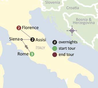 Tour 94 Highlights of Italy 9 days Rome, Assisi, Siena & Florence Sample Day-by-Day Itinerary: Day 1, Depart USA Make your way to your hometown airport where you will board your overnight flight(s)