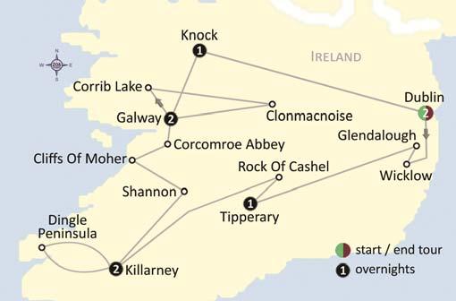 Tour 202 Ireland 10 days Wicklow, Glendalough, Tipperary, Rock of Cashel, Kerry, Dingle Peninsula, Shannon, Cliffs of Moher, Corcomroe Abby, Galway, Corrib Lake, Clonmacnoise, Dublin & Knock # Sample
