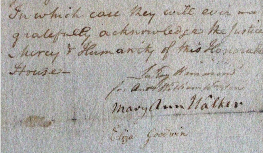 Signatures, apparently original, of LeRoy Hammond, signing for minors Andrew and William Williamson, and of daughters Mary Ann Williamson Walker (later Ramsay) and Eliza Williamson Goodwin, from