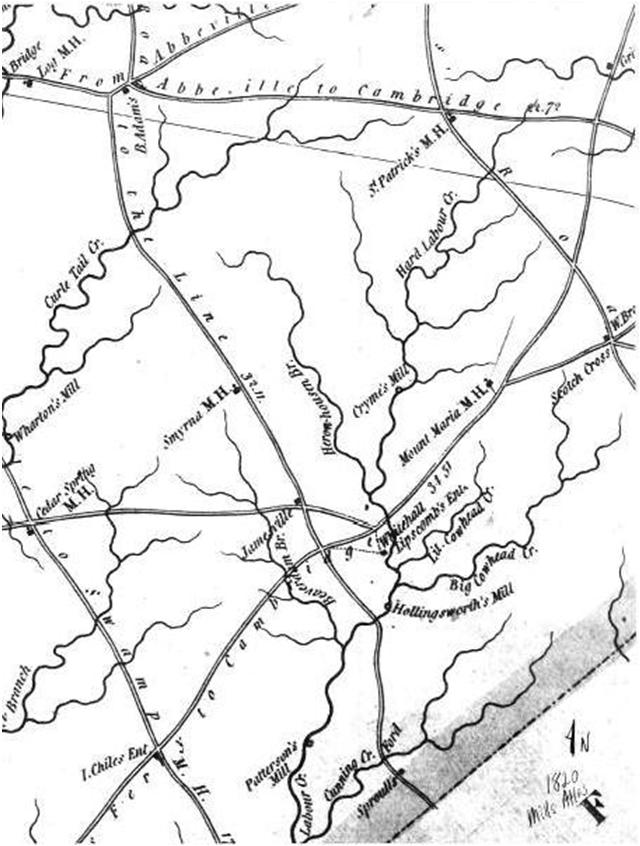 An 1898 map of Greenwood County shows two buildings labeled White Hall just east of the Talbert home.
