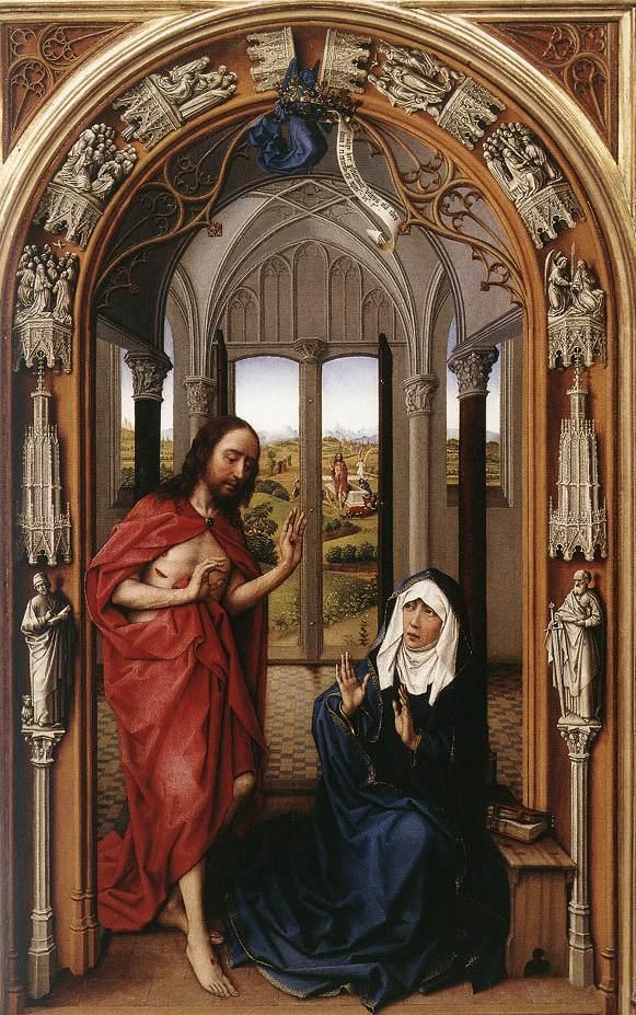 Miraflores Altarpiece, Risen Christ Appearing to His Mother Mary, 1440 Regina Caeli During the Easter season the Regina Caeli is prayed at the 12:00 and 6:00 times of the day, replacing the Angelus.