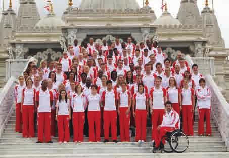 England Commonwealth Games team at BAPS Swaminarayan Mandir, London the Palace forecourt and around the Victoria Memorial in front of the Palace gates.