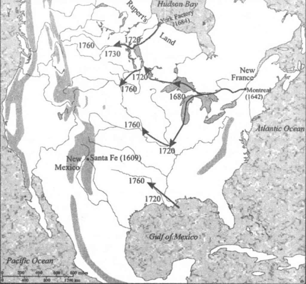Map detailing the dispersal of the gun across the West from British and French posts in southern Canada. Courtesy of Dr. Theodore Binnema, from Common and Contested Ground.