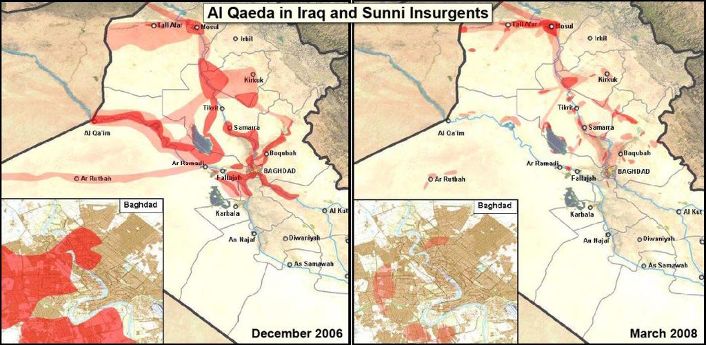 As Al Qaeda in Iraq became more extreme, their Sunni support base quickly evaporated. Most Sunni Muslims sided with the US military in efforts to establish an Iraq free of Al Qaeda.