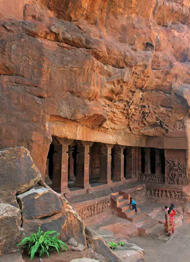 Clockwise from right: The Badami caves are one of the most iconic attractions in the Bagalkot district of north Karnataka; A wall sculpture of Vishnu seated on Ananta Shesha, the serpent, in Cave 3