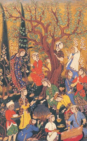 In a miniature painting from Persia, women are shown having a picnic in a garden. Gardens were seen as earthly representations of paradise. the palace were lined with shops.