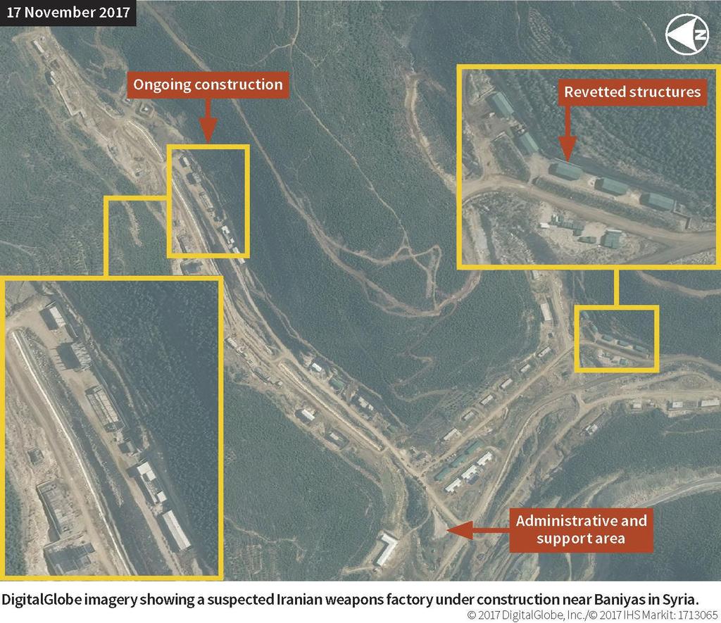 DigitalGlobe imagery showing a suspected Iranian weapons factory under construction near Baniyas in Syria.
