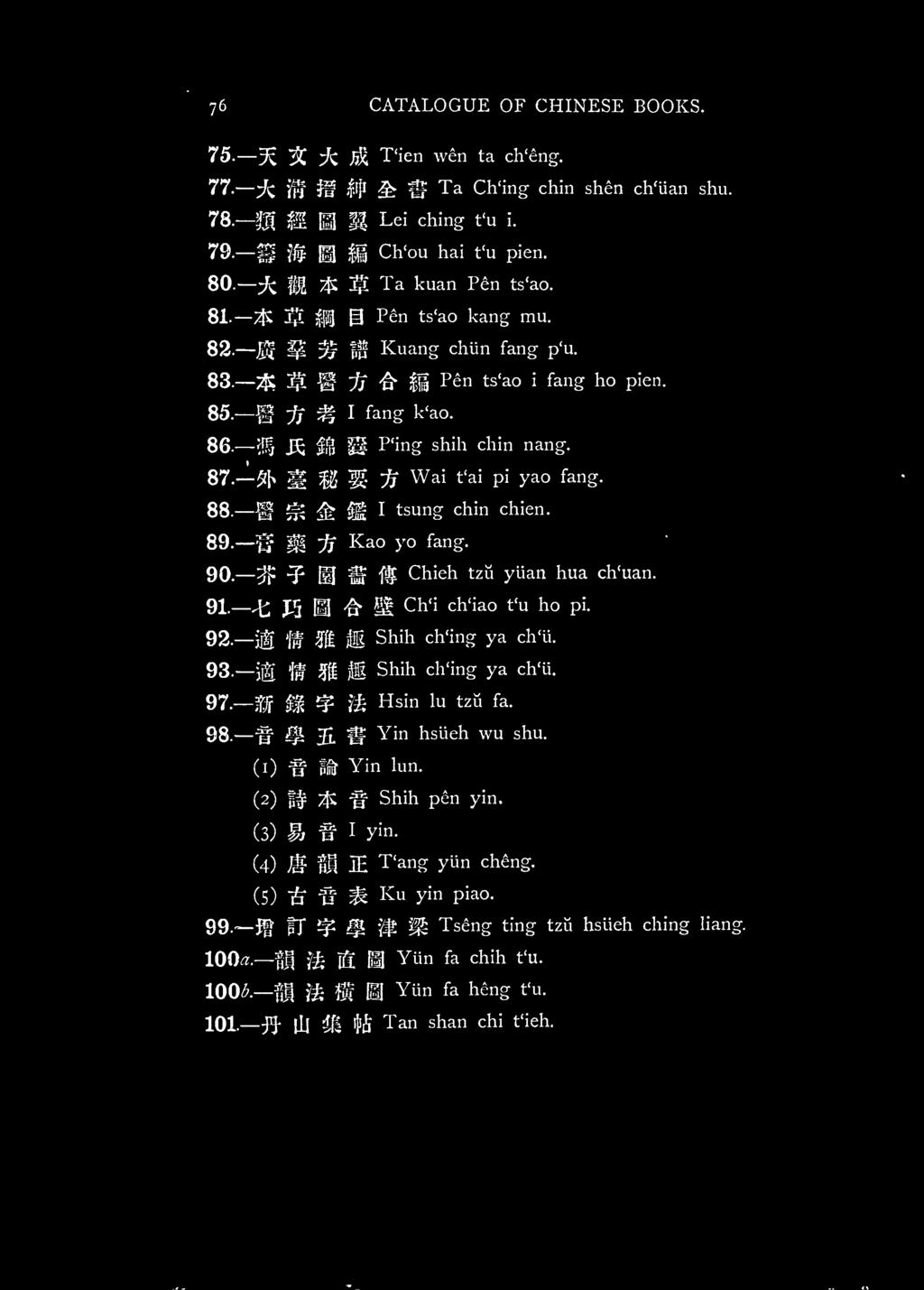 '^] ^ i^ M P'ing shih chin nang. 87. ^h ^ M^ if Wai t'ai pi yao fang. 88. ^ ^ :^ ii I tsung chin chien. 89. ^ ^ -jf Kao yo fang. 90. ^? HI ^ f^ Chieh tzu yiian hua ch'uan. 91. t; J.