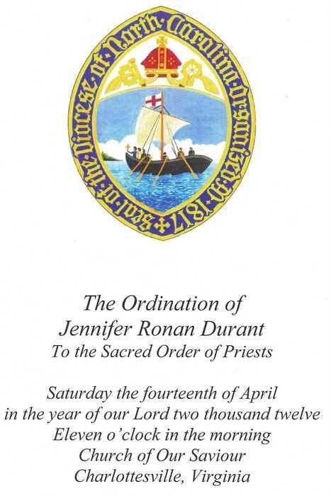 The cover of Jennifer's ordination booklet