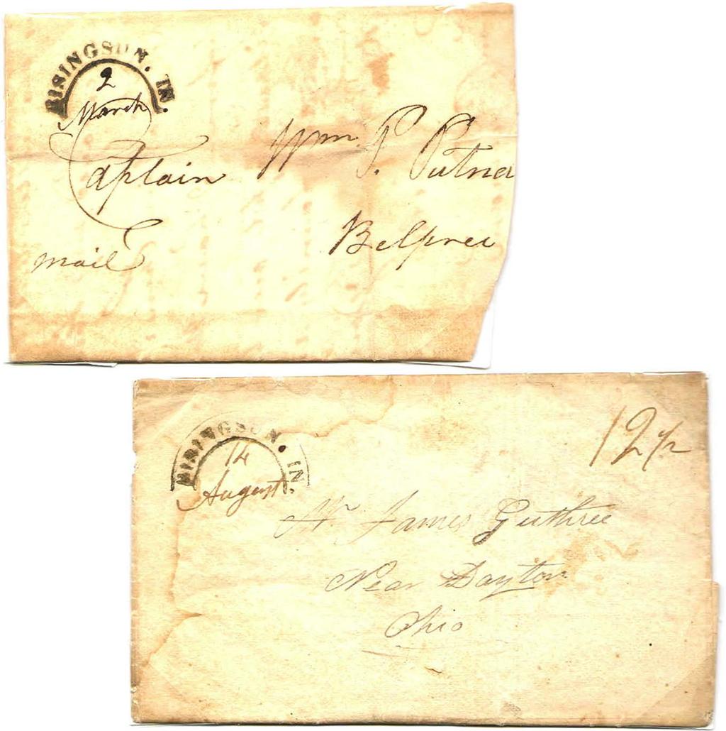 Rising Sun Arch March 2, 1824. August 14. 1826. 12 1/2 cent rare appropriate :or one sheet r:rave::::ig benveen 80 and 150 miles. Locally produced wooden bandstamp.