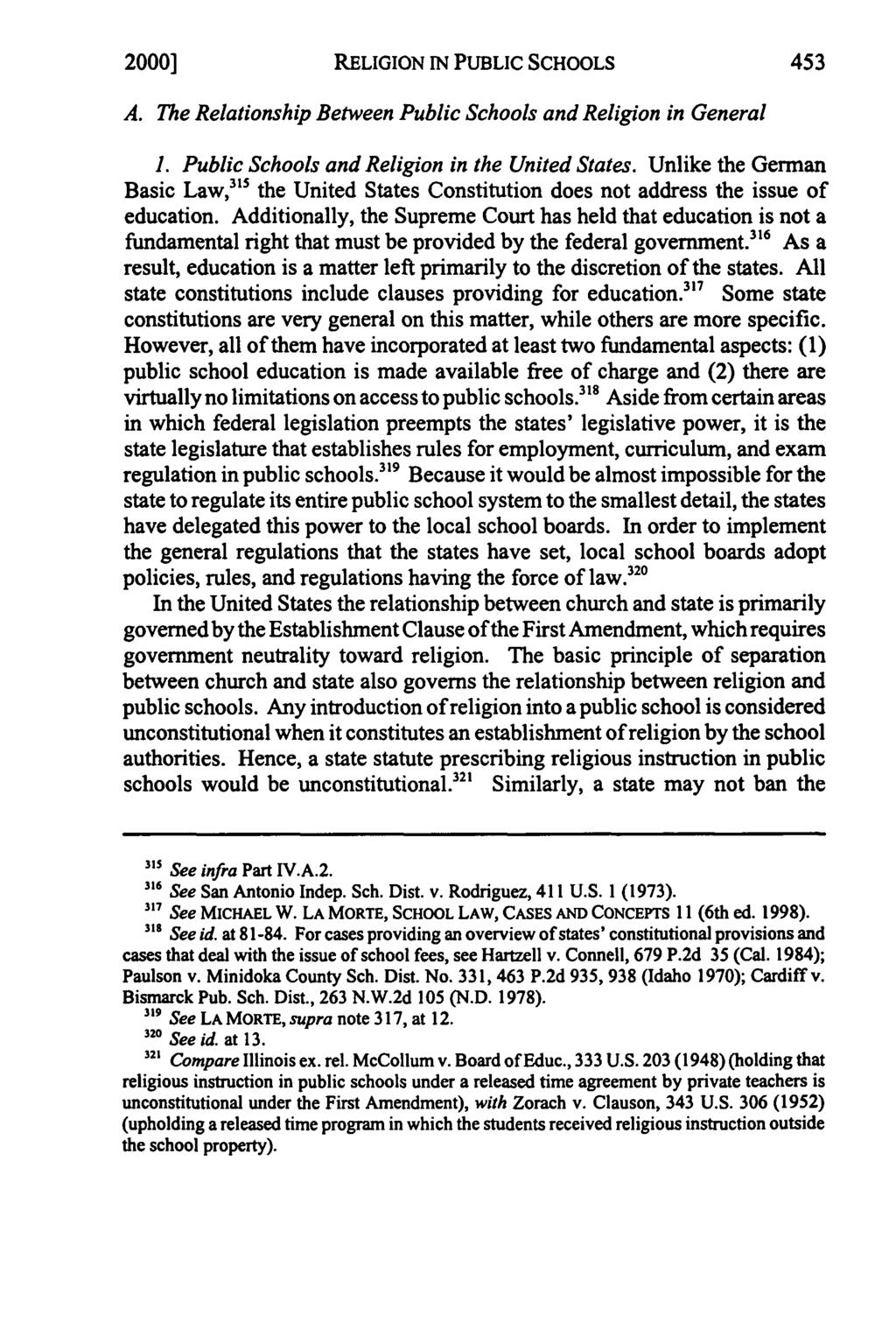 2000] RELIGION IN PUBLIC SCHOOLS A. The Relationship Between Public Schools and Religion in General 1. Public Schools and Religion in the United States.