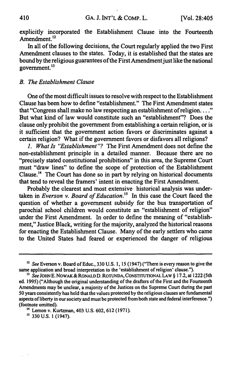 GA. J. INT'L & CoMP. L. [Vol. 28:405 explicitly incorporated the Establishment Clause into the Fourteenth Amendment.