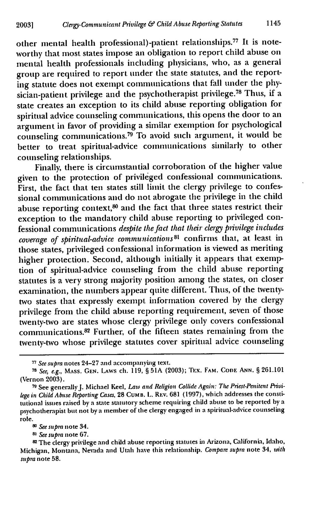 2003] Clergy-Communicant Privilege & Child Abuse Reporting Statutes 1145 other mental health professional)-patient relationships.