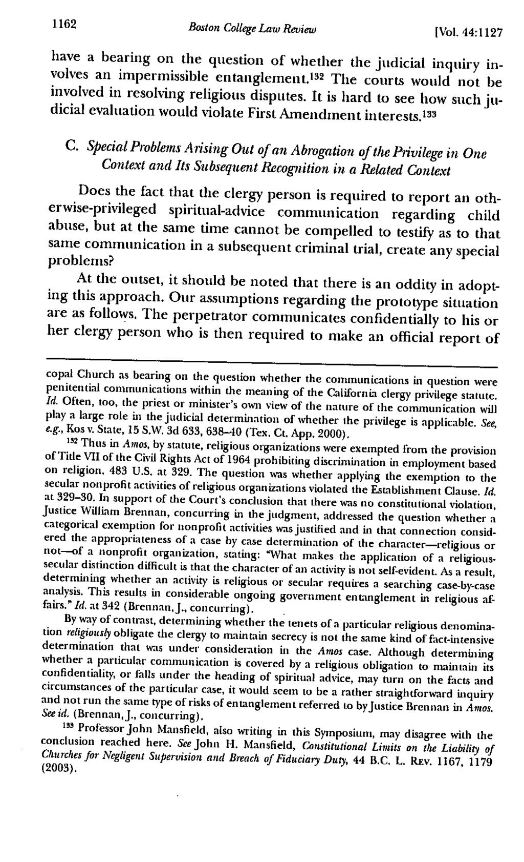 1162 Boston College Law Review [Vol. 44:1127 have a bearing on the question of whether the judicial inquiry involves an impermissible entanglement.