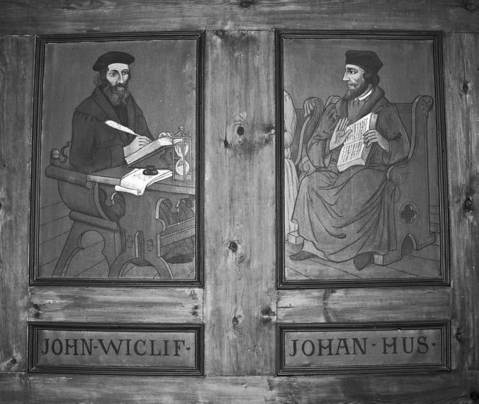 86 Stage One of the Inquisition These panels by Wolfgang Sauber, date unknown, depict two pioneers of the Reformation, John Wyclif and John Hus.