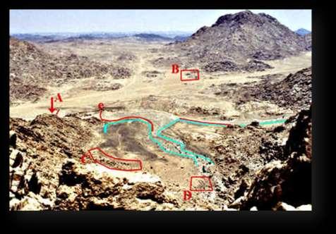 View of the "Holy Area" at the foot of Mt. Sinai A = Saudi Guard House B = Altar with Petroglyphs C = Remains of 12 Pillars D = Large Altar at the foot of Mt.