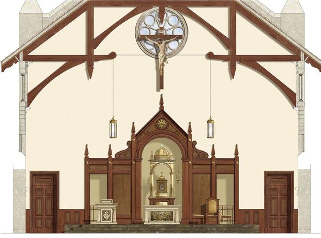 Complete sanctuary design including reredos, crucifix, altar, ambo, and custom