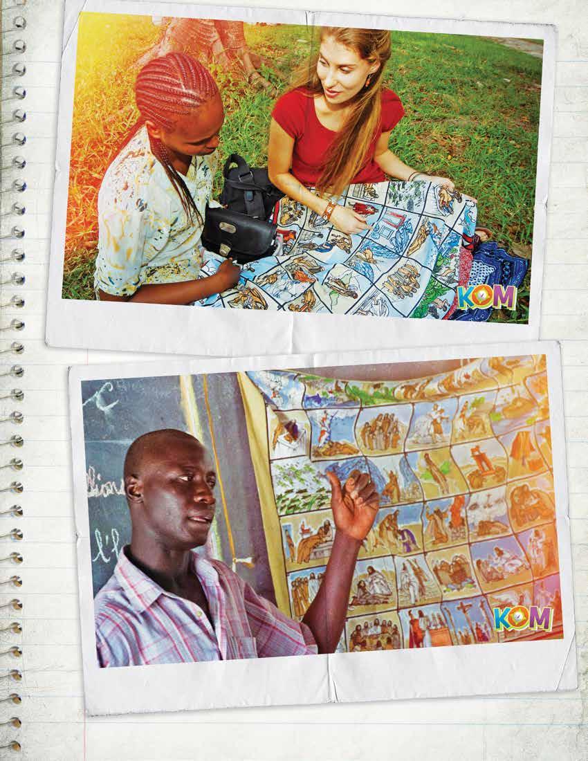 A Christian worker in West Africa teaches the Bible using a Bible storying cloth. It includes pictures of different Bible stories.