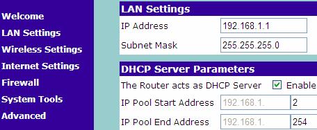 תרשים 45 לאחר הזדהות בסיסמה (סיסמת ברירת המחדל רשומה בחוברת של הנתב) מוצג מסך הניהול הראשי (תרשים 46), שבדוגמה זו נבחרה האפשרות.LAN Settings ניתן לראות שתחום הכתובות של DHCP הוא בין 192.168.
