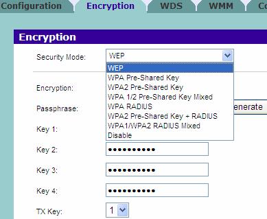 הערך SSID מציין את הרשת, ובמקרה זה: 3Com ו- :linksys תרשים 48 תרשים 49 מציג את הכרטיסייה Encryption (הצפנה) שניתן לראות בה את סוגי ההצפנות הקיימים.