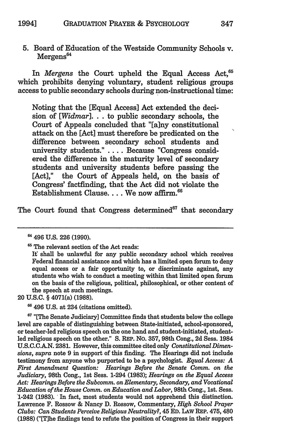 1994] GRADUATION PRAYER & PSYCHOLOGY 347 5. Board of Education of the Westside Community Schools v.