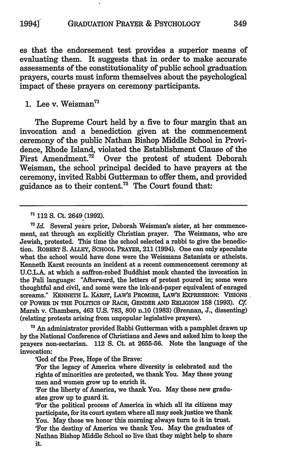 19941 GRADUATION PRAYER & PSYCHOLOGY 349 es that the endorsement test provides a superior means of evaluating them.