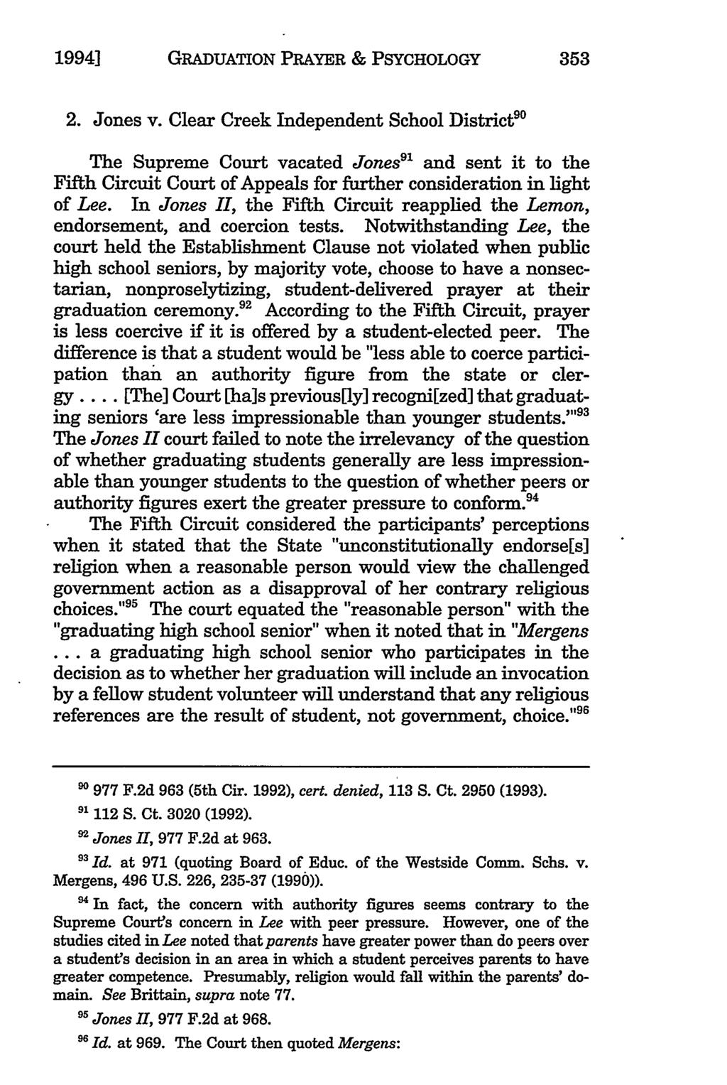 1994] GRADUATION PRAYER & PSYCHOLOGY 353 2. Jones v.