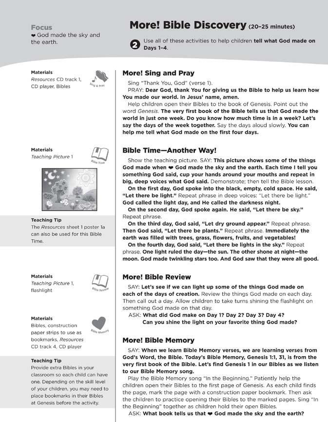 Reproducible music is provided on the Resources CD. Full-color Teaching Pictures are available for each lesson.