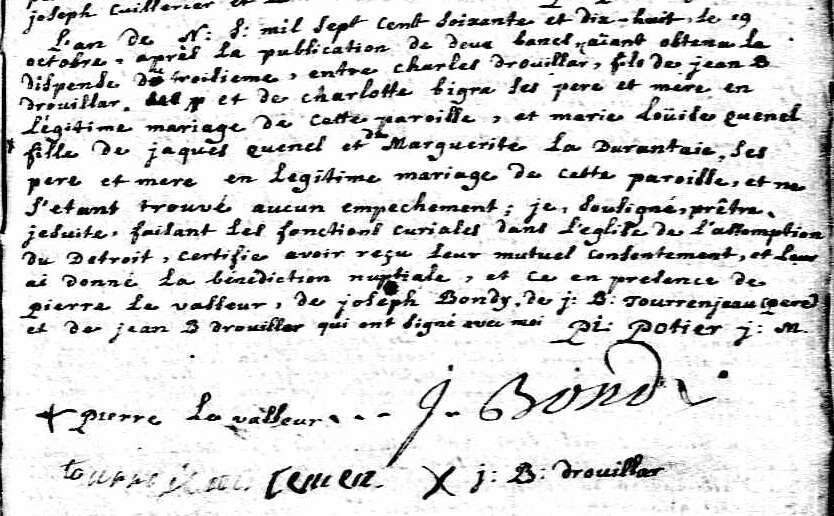 Marriage of Charles Drouillard and Marie Louise Quesnel She was baptized 23 May 1768 at Assumption at the age of two years and three months.