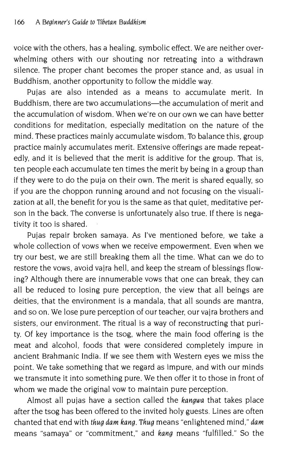 166 A Beginner's Guide to Tibetan Buddhism voice with the others, has a healing, symbolic effect. We are neither overwhelming others with our shouting nor retreating into a withdrawn silence.