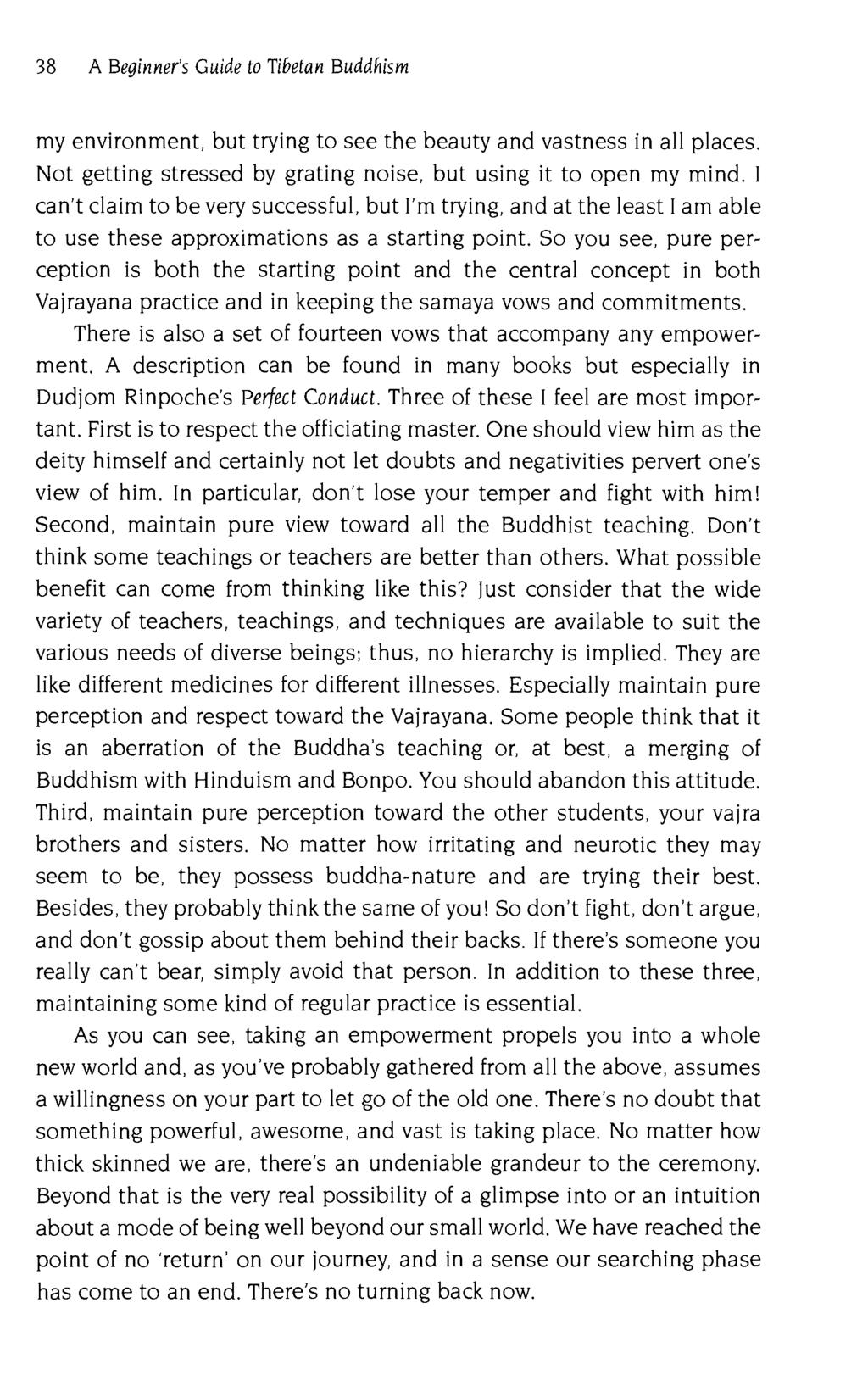 38 A Beginner's Guide to Tibetan Buddhism my environment, but trying to see the beauty and vastness in all places. Not getting stressed by grating noise, but using it to open my mind.
