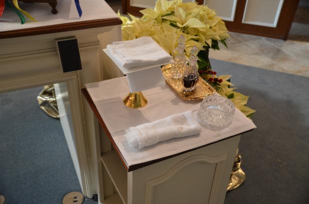 in the credence table closet, although the glass bowl for hosts and the flat ciborium for daily Mass are sometimes found in the cabinet behind the last pew at the cry room entrance to the church. 3.