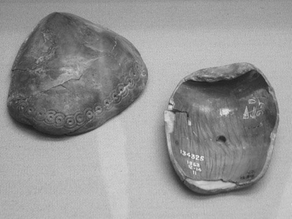 136 Neo-Hittite Kingdoms: Anti-Taurus, Western Syrian Regions Fig. 9. Shell clappers, presented to Shalmaneser III by the Hamathite king Urhilina (courtesy, British Museum).
