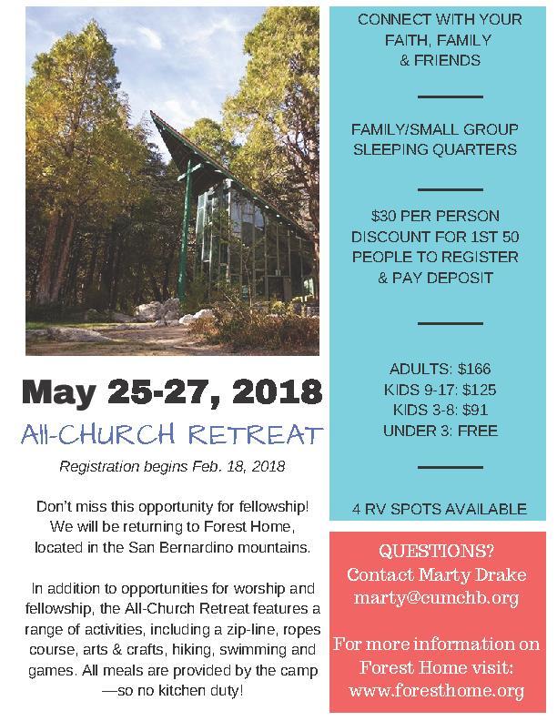 ALL-CHURCH RETREAT May 25-27 - REGISTER EARLY!