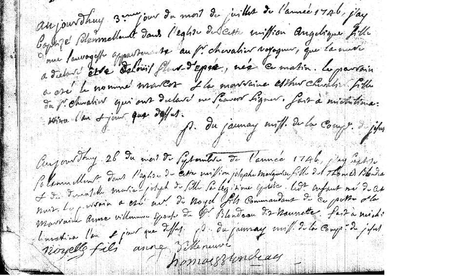 Anne, Mackinac, Baptisms, 1695-1749, Image 18]. Baptism of Josèphe Marguerite Blondeau Josèphe Marguerite Blondeau married Amable Guion/Guyon at an unknown location.