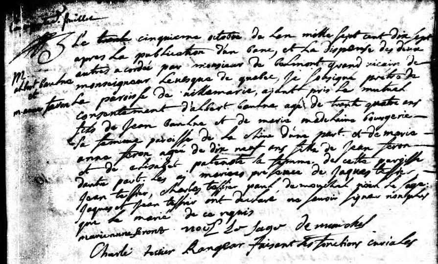 Marriage of Albert Baune and Marie Anne Ferron dite Sancerre Marie Anne Ferron dite Sancerre was born 21 December 1698 and baptized the following day in Montréal [Jetté, p. 417].