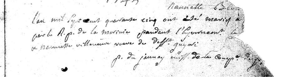 Nanette Amiot dite Villeneuve was buried 8 November 1757 in Michilimackinac [PRDH, # 10471 Amiot Oukabé Family and Group Sheet].