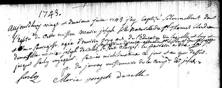 Baptism of Marie Josèphe Blondeau Thomas Blondeau married Marie Josèphe Celle dite Duclos, daughter of Gabriel Lambert Celle dit Duclos and Anne Messier, 7 January 1737 in Montréal [PRDH #20155