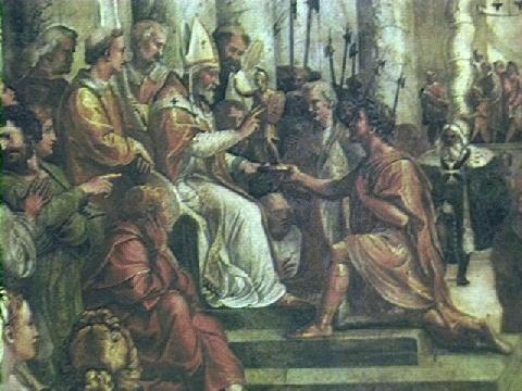 supposed grant by Constantine to Pope Sylvester I (314 335) and his successors of (1) spiritual supremacy over the other patriarchates and over