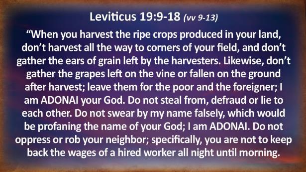 Leviticus 19:9-18 (vv 9-13) "'When you harvest the ripe crops produced in your land, don't harvest all the way to corners of your field, and don't gather the ears of grain left by the harvesters.